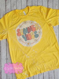 Groovy Summer Vibes Bleached T-Shirt - Yellow Beach Tee – Lilly Pie Creations Beach Tee, Kindness Shirts, Yellow Shirts, Club Shirts