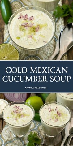 mexican cucumber soup with limes and cilantro on the side in small bowls