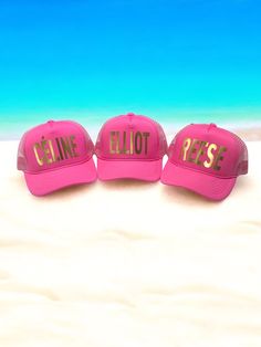 Beach Trucker hats. Beach Bachelorette Party favors The colors can be chosen at checkout! Brim and Mesh hat will feature the chosen color. Adjustable 6 panel features an adjustable plastic strap!  One size fits most! No returns or exchanges But please contact me if you have any problems with your order! Summer Gold Trucker Hat, Pink Baseball Cap Sun Hat With Uv Protection, Gold Baseball Cap For Summer, Pink Baseball Cap With Uv Protection, Novelty Summer Party Hats, Summer Birthday Snapback Hat, Summer Snapback Hats For Birthday, Playful Summer Party Hat, Pink Summer Party Hat