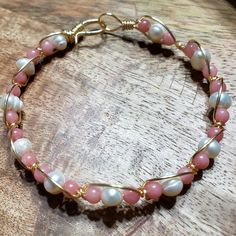 Potatoe Pearls And Pink Quartz Beads Wired Bracelet Measuring About 7 3/4 Inches Wide. Wired Bracelet, Beaded Crafts, Jewelry Wire, Quartz Beads, Hand Crafted Jewelry, Wire Bracelet, Crafted Jewelry, Pink Quartz, Wire Jewelry