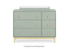 a green dresser with brass handles and knobs on the top drawer, against a white background