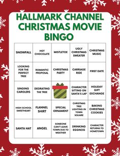 a christmas movie bingo game with snowflakes