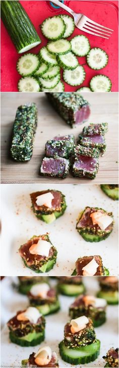 cucumbers and other vegetables are being prepared on a cutting board