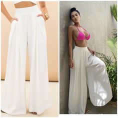 Beautiful White Flowing Pants - Boutique Top Seller Either Winter White Or Summer White These Pants Will Be Perfect Non-Stretch Waistband Wide Leg - Non See Through! Easy Care Fabric Content: 100% Polyester Multiple Sizes Large Measurements = L-43 W14-I.S 29 Runs True To Size But Length Is 43 On All Pair High-waisted Pants With Pockets For Beach Season, High Waist Pants With Pockets For Beach Season, Fitted Wide Leg Pants For Vacation, Fitted Summer Pants With Elastic Waistband, Fitted High-waisted Summer Pants, Fitted Elastic Waistband Summer Pants, Summer Fitted Pants With Elastic Waistband, Elegant High Waist Wide Leg Pants For Vacation, White Full Length Wide Leg Pants For Beach