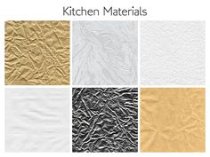 kitchen materials are shown in different colors and sizes, including white paper with gold foil on it