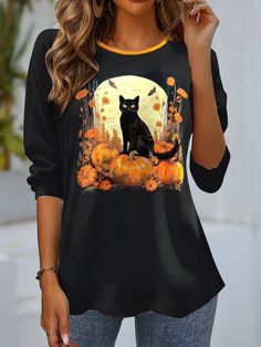 Shop Affordable Women T-shirts Spring/Fall T-shirt Long Sleeve Casual T-shirt Cat T-shirt Loose Daily Crew Neck On Justfashinnow.com Casual Cat Design Tops For Fall, Casual Fall Tops With Cat Design, Casual Tops With Cat Design For Fall, Fall Crew Neck Top With Cat Print, Fall Cat Print Crew Neck Top, Crew Neck Tops With Cat Design For Fall, Cotton Tops With Cat Design For Fall, Cotton Cat Design Tops For Fall, Cotton Top With Cat Design For Fall