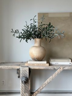 a vase filled with green plants sitting on top of a wooden table next to books