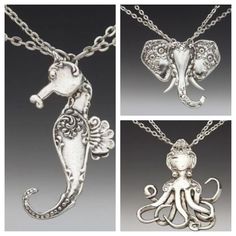 three different styles of necklaces with an octopus, sea horse and elephant on them