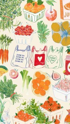 a drawing of fruits and vegetables on a white background