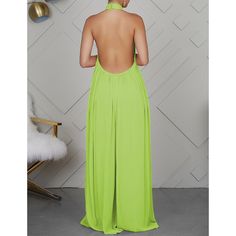 Fluorescent Green Halter Neck Backless Chiffon Wide Leg Jumpsuit Green Backless Jumpsuits And Rompers For Party, Green Summer Evening Jumpsuits And Rompers, Sleeveless Chiffon Party Jumpsuit Or Romper, Sleeveless Chiffon Jumpsuit For Party, Elegant Green Beach Jumpsuits And Rompers, Elegant Green Jumpsuits And Rompers For Beach, Summer Party Chiffon Jumpsuits And Rompers, Elegant Green Backless Jumpsuits And Rompers, Green Backless Jumpsuits For Party