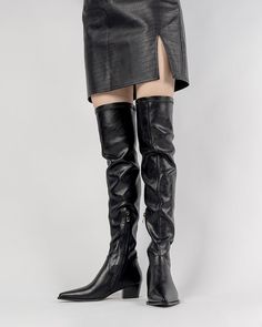 Details Women Size: US 5-10 Heel Height: 5.5 cm/2.17" Color: Black, Apricot Toe: Pointed Toe Material Lining Material: Superfine Fiber Outsole Material: Rubber Upper Material: Leather Insole Material: Leather Edgy Knee-high Heeled Boots For Spring, Edgy Spring Knee-high Heeled Boots, Edgy Black Over The Knee Platform Boots, Edgy Black Over-the-knee Platform Boots, Edgy Over-the-knee Platform Boots For Fall, Black Knee-high Boots For Spring, Edgy Black Knee-high Heeled Boots, Black Over-the-knee Heeled Boots For Spring, Edgy Over-the-knee Winter Platform Boots