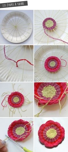 the instructions to make a paper plate flower with yarn and thread for decoration or wall hangings