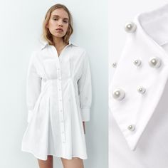 Zara Pearl Collar Poplin Pleated Shirt Dress Brand New - With Tags !! Size Medium 100 % Cotton Pleated Shirt Dress. Lapel Collar Studded With Faux Pearls. Pearl Buttons Gathered Waist Vented Sleeve Cuffs Fitted Collar Mini Dress For Summer, Fitted Spring Shirt Dress, Fitted Collar Shirt Dress For Spring, White Summer Shirt Dress For Office, White Summer Office Shirt Dress, White Shirt Dress For Summer Office Wear, Elegant Summer Shirt Dress With Buttons, Chic Collared Shirt Dress For Summer, Elegant Button-up Cotton Mini Dress