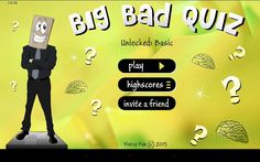 a cartoon character standing on top of a platform with question marks all around him and the words'big bad quiz '