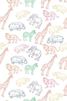 an animal pattern on a white background with different colored elephants and giraffes