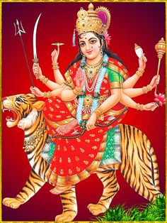 the hindu goddess sitting on top of a tiger, with two swords in her hand