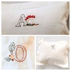 three different embroidered designs on pillows and pillowcases with the letters a, b, c