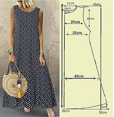 a woman is wearing a dress and holding a straw bag in front of her measurements