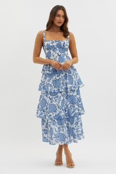 Shop the Provence Bloom Tiered Maxi Dress Floral Blue | Selfie Leslie White Kitten Heels, Maxi Dress Floral, White Kitten, Bow Back, Blue Bridesmaids, Tiered Maxi Dress, Dress Floral, Floral Maxi, Tulle Dress