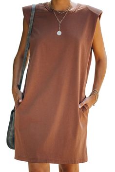 Brown Padded Shoulder Sleeveless Cotton Pocketed Mini Dress Casual Cotton Sleeveless Dress For Fall, Casual Sleeveless Shift Mini Dress, Brown Sleeveless Beach Dress, Solid Sleeveless Dress For Fall, Sleeveless Mini Dress With Pockets For Spring, Casual Sleeveless Mini Dress With Pockets, Solid Sleeveless Dresses For Fall, Fall Sundress Sleeveless Style, Casual Brown Sleeveless Dress For Vacation