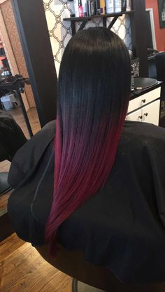 Black To Wine Red Ombre Hair, Black Hair Fading Into Red, Black Fade To Red Hair, Black To Magenta Ombre Hair, Black Fading Into Red Hair, Burgundy Tips Hair, Black Hair With Red Extensions, Black Hair With Red Tips Dip Dyed, Black Hair With Colored Ends