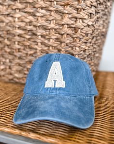 This is the perfect baseball cap and can be personalized just for you! Make it yours with your initial with your favorite color hat and thread. Blue Baseball Cap With Letter Patch And Curved Brim, Blue Baseball Cap With Letter Patch, Personalized Blue Cotton Hats, Embroidered Hats For Baseball Season, Blue Casual Baseball Cap With Letter Patch, Casual Blue Baseball Cap With Letter Patch, Casual College Hat With Letter Patch, Personalized Cotton Hat With Curved Brim, Personalized Cotton Hats With Curved Brim