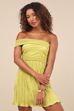 Poised Performance Chartreuse Plisse One-Shoulder Mini Dress Off-shoulder Pleated Midi Cocktail Dress, Flirty Strapless Pleated Dress, Summer Cocktail Off Shoulder Stretch Dress, Summer Cocktail Off-shoulder Stretch Dress, Spring Strapless Pleated Dress For Party, Spring Pleated Midi Strapless Dress, Spring Party Strapless Dress With Pleated Details, Party Midi Dress With Pleated Bodice And Off-shoulder Design, Spring Party Strapless Dress With Pleats