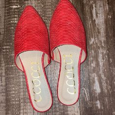 Never Worn. Pointed Toe And Textured Top, These Are The Ideal Slip-On Shoe. Price Is Firm. Red Casual Synthetic Flats, Casual Red Synthetic Flats, Chic Red Flats For Spring, Chic Red Spring Flats, Casual Red Flats For Spring, Chic Red Summer Flats, Chic Red Slip-on Flats, Red Mules, Textured Top