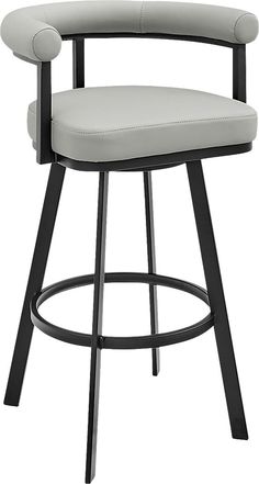 an upholstered stool with black metal frame and grey leather seat, viewed from the front