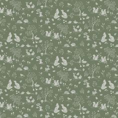 a green and white wallpaper with rabbits, flowers, trees and leaves on it