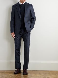 DESIGNED BY MR PORTER. This season, Mr P. focuses on rich tones and textures. These suit trousers are tailored from plush wool-flannel that's patterned with tonal pinstripes and are pressed with neat creases to emphasise the straight-leg profile. Formals For Men, Business Attire For Men, Mens Office Wear, Light Grey Suits, Flannel Suit, Mr P, Winter Suit, Tuxedo Style, Formal Pants