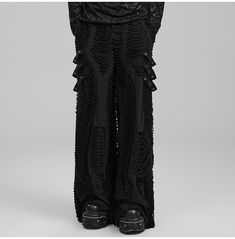 Make a statement with these bold men's ripped layered black punk pants. show off your unique style and stand out from the crowd. order today at rebelsmarket! Rave Men, Punk Pants, Ripped Pants, Black Punks, Black Wide Leg Trousers, Black Pants Men, Punk Inspiration, Loose Trousers, Punk Rave