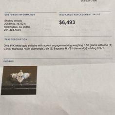 a piece of paper with an image of a diamond ring on it and price label