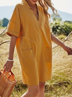 V-neck Casual Short-Sleeved A-line Midi Dress Oversized Tunic Dress, Oversized Tunic, Straight Dress, Short Sleeve Mini Dress, Pocket Dress, Kimono Fashion, Mini Dress With Sleeves, Look Chic, A Line Skirt