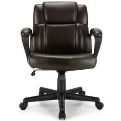 a brown leather office chair with arms and back rests on an adjustable casteor base