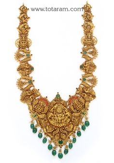 22K Gold "Lakshmi - Peacock" Long Necklace With Color Stones, Beads, Corals & Pearls (Temple Jewellery) - 235-GN6021 in 89.200 Grams Ganesha Art Illustration, Mango Necklace, 22k Gold Necklace, Temple Jewelry Necklace, Gold Temple Jewellery, Gold Jewels Design, Ganesha Art, Enhance Your Beauty, Color Stones