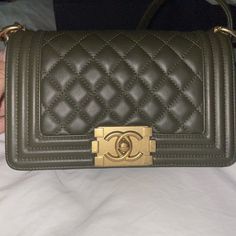 Chanel Boy Bag Like New Caviar Aged Gold Hardware Olive Green Color, Chanel Bags, Chanel Boy, Chanel Boy Bag, Chanel Bag, Green Color, Gold Hardware, Olive Green, Chanel