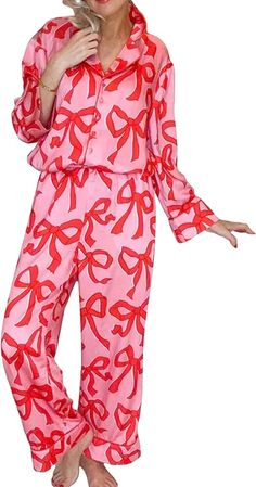 MAINESAKA Womens Button Down Pajamas Set Long Sleeve Bow/Heart Print Button Up Shirt Lounge Pants y2k Pjs Cute Sleepwear (Bow, M) at Amazon Women’s Clothing store Pyjamas Womens, Cute Sleepwear, Bow Print, Cute Pants, Sleepwear & Loungewear, Sleepwear Sets, Print Pajamas, Pajamas Set, Long Sleeve Pyjamas