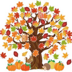 an autumn tree with leaves, acorns and hedgehogs on it's branches