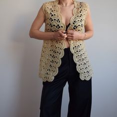 Vintage crochet vest. Great vintage condition. Handmade so no tags but feels like wool or wool mix. Safety pin closure. Originally women's size small M depending on desire fit but please check measurements carefully as there is no size tag.  Armpit to armpit laying flat 49cm=19' Total length 73cm=28'5 Model is 164cm=5'4 tall UK size 10. Crochet Long Vest, 70s Era, Crochet Vintage, Gilet Long, Long Vest, Long Vests, Crochet Vest, Vest Outfits, Style Expert