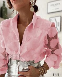 Ebeek - Sheer Mesh Top with Exquisite Floral Patch Design Feminine Shirts, Patch Top, Sheer Mesh Top, Floral Patches, Mesh Tops, Fashion Tops Blouse, Elegant Feminine, Fitted Blouses, Elegant Blouses