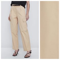 Nwot. Massimo Dutti Beige Maxi Cargo Trousers With Pockets, Side Pockets, Front Zipper And Metal Hooks Closure. Size 12. Ref. 5013/706. Waist 17,5" Flat, Rise 13", Inseam 29". Bs2 Beige Ankle-length Cargo Pants For Work, Beige Cargo Pants For Summer Workwear, Fitted Cargo Pants For Summer Workwear, Jumpsuit Trousers, Cargo Trousers, Metal Hooks, Massimo Dutti, Front Zipper, Pant Jumpsuit