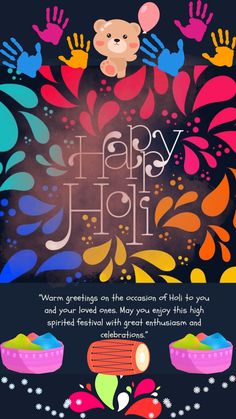 the happy holi poster is shown with handprints on it and an image of a