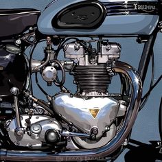 an image of a motorcycle that is painted in blue and white colors with the engine visible