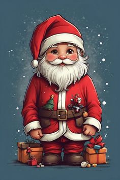 a cartoon santa clause standing in front of presents