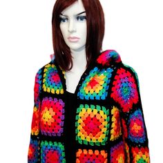 Multicolor Knitted Hooded Sweater, Casual Multicolor Crochet Cardigan, Multicolor Knitted Acrylic Outerwear, Cozy Multicolor Hooded Sweater, Cozy Multicolor Hooded Cardigan, Cozy Multicolor Granny Square Sweater, Colorful Long Sleeve Granny Square Sweater, One Size Multicolor Granny Square Cardigan, Multicolor Granny Square Cardigan One Size