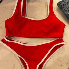 Red Shein Bikini With White Details. Never Worn. Size Medium. Casual Red Swimwear For The Pool, Red Sleeveless Swimwear For Beach Season, Red Sleeveless Swimwear For Beach Party, Red Sleeveless Swimwear For Sunbathing, Modest Swimwear, White Details, Red Swimsuit, Causual Outfits, Cute Swimsuits