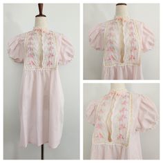 Vintage 80's Folk Embroidered Floral Pink Darling Details / Cotton Prairiecore Nightdress  Size - Small Material - Cotton / Poly Blend Condition - Excellent Vintage Condition  Brand - Robinsons Intimates  ⚘️⚘️⚘️ We do our best to be as accurate and detailed as possible with all of our items, but please anticipate the possibility of minor signs of aging or wear other than listed above, as these are Vintage items. If you have any specific questions please do not hesitate to contact us. Spring Overnight Dresses With Lace Trim, Vintage Short Sleeve Nightgown, Vintage Short Sleeve Nightgown For Sleep, Vintage Spring Nightgown For Pajama Party, Vintage Short Sleeve Nightgown For Bedtime, Spring Vintage Nightgown For Pajama Party, Vintage Nightgown For Pajama Party In Spring, Vintage Dresses For Pajama Party, Vintage Nightgown With Short Sleeves For Bedtime