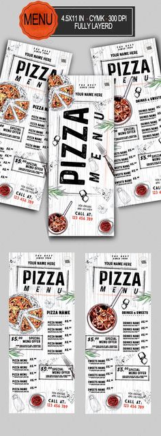 three different menus with pizza on them