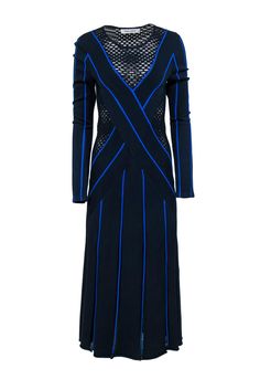 Current Boutique-Prabal Gurung - Blue Knit Maxi Dress w/ Netted Accents Sz M Elegant Long Sleeve Pointelle Knit Dress, Spring Evening Knit Maxi Dress, Elegant Blue Winter Maxi Dress, Blue Formal Maxi Dress For Winter, Elegant Blue Maxi Dress For Winter, Chic Long Blue Midi Dress, Stretch Knit Maxi Dress, Knit Stretch Maxi Dress, Knit Long Sleeve Evening Dresses